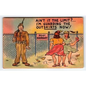 Vintage 1940s Linen Army Life Comics Postcard Guarding Outskirts Humor